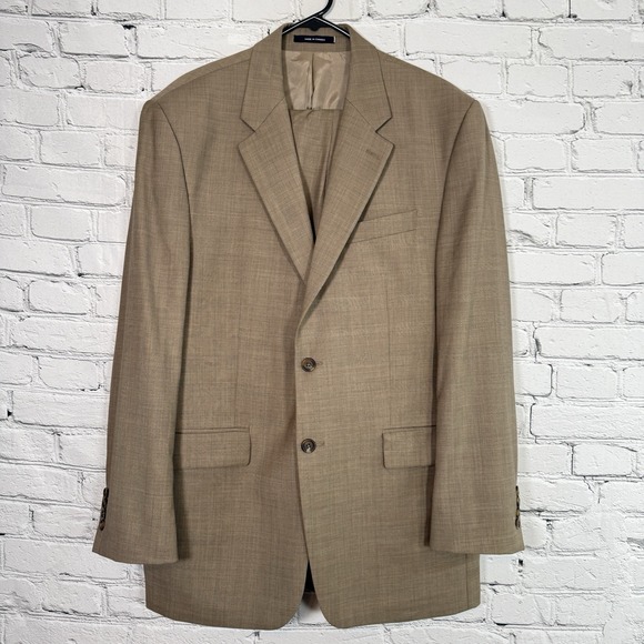 Vtg Chaps Ralph Lauren Suit 42L Men 2pc Tan Wool Glen Plaid Check Pleated 36x28+